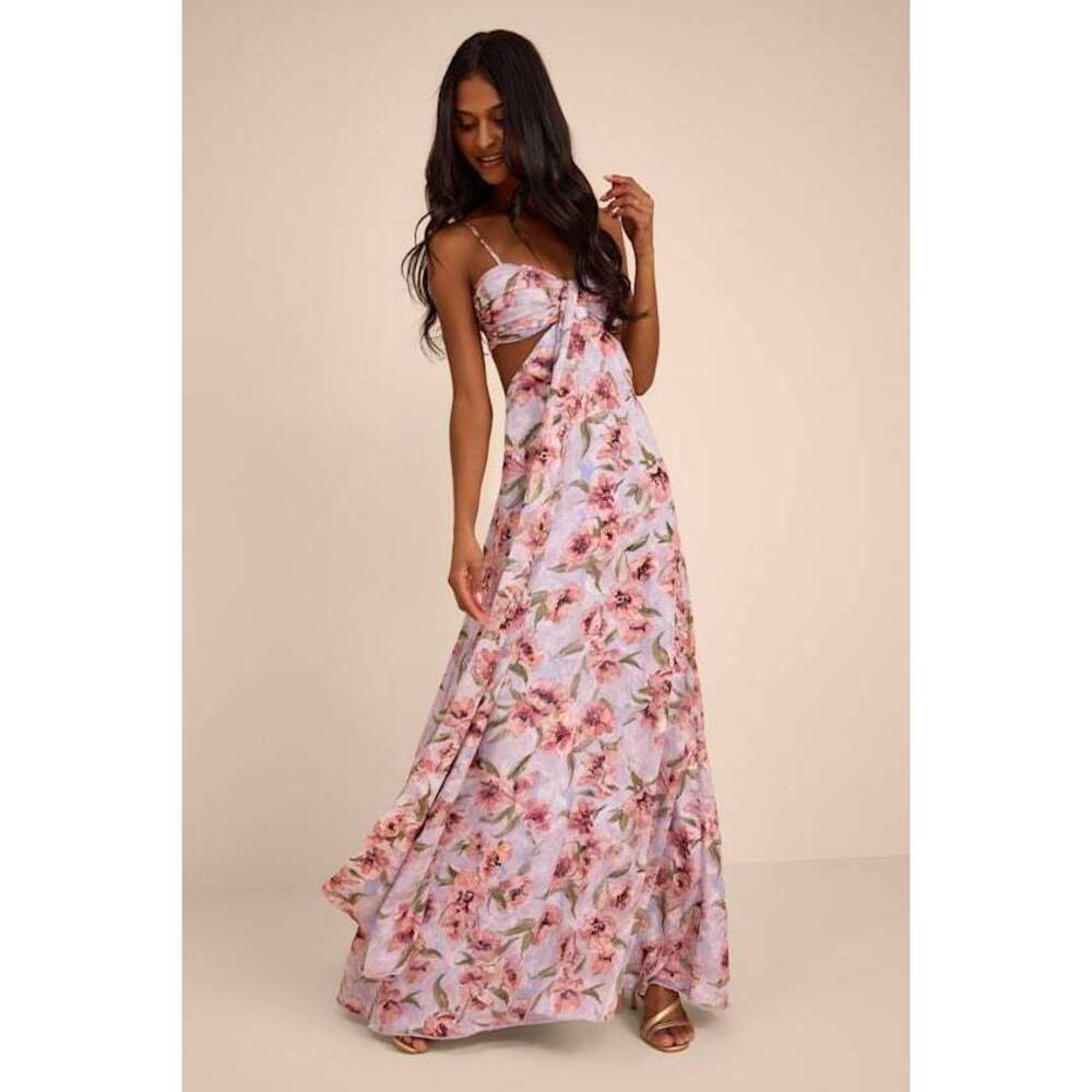 Lulus Heidi Lavender Floral Cutout Maxi Dress Purple - Size XS